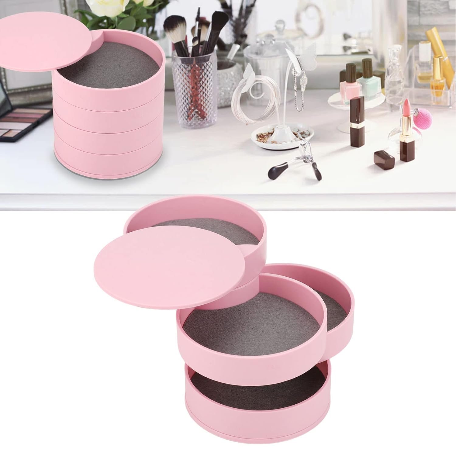 Rotating Jewelry Box - Pink – Elegant Rotating Organizer for Rings, Necklaces, Earrings, and Bracelets, Stylish & Functional Storage Solution, Ideal for Home Use and Gifts