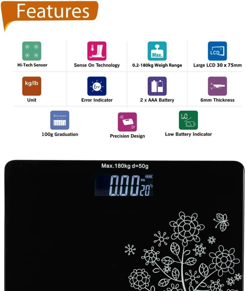  Flower Design Black Bathroom Scale – Elegant & Precise