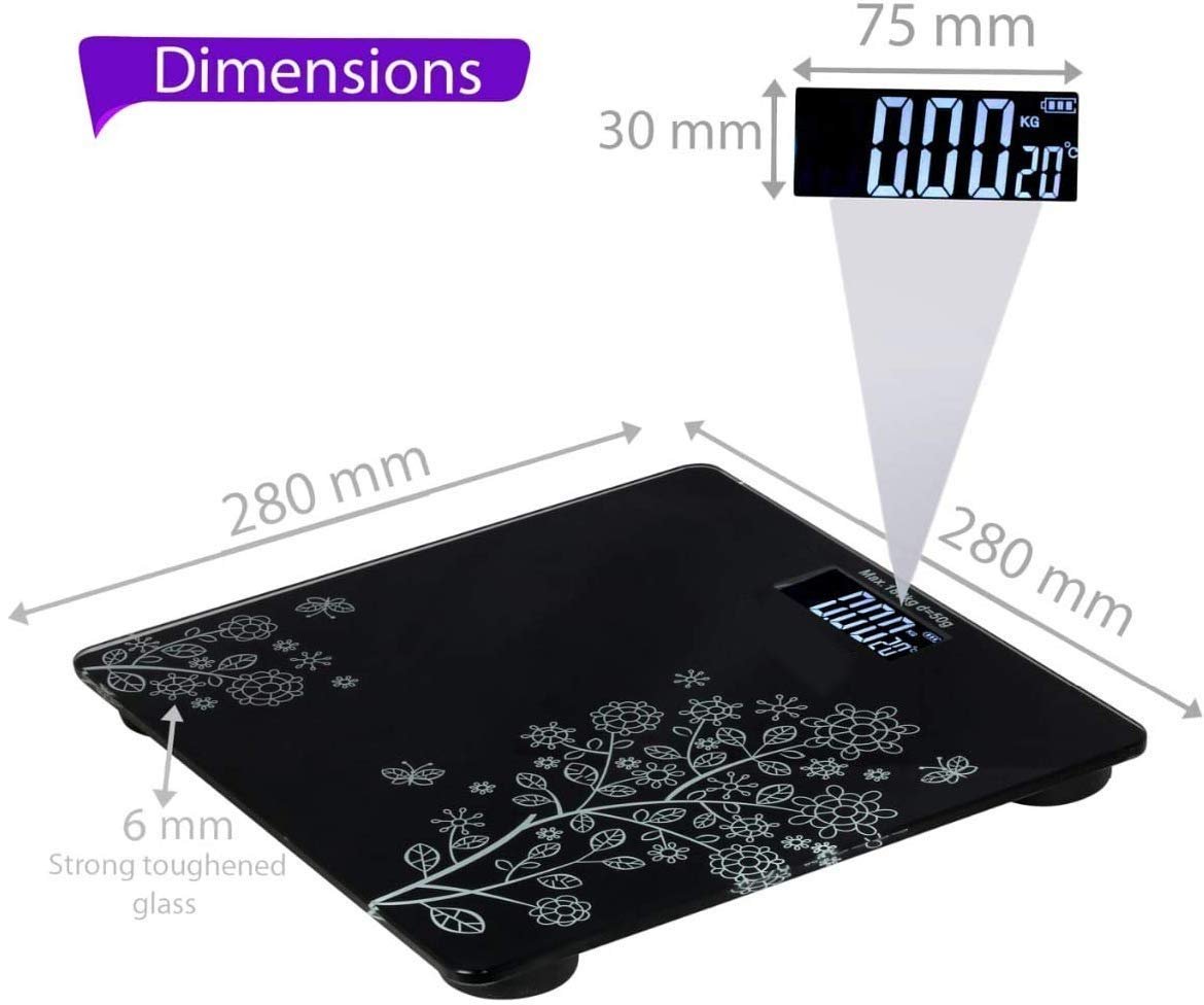  Flower Design Black Bathroom Scale – Elegant & Precise