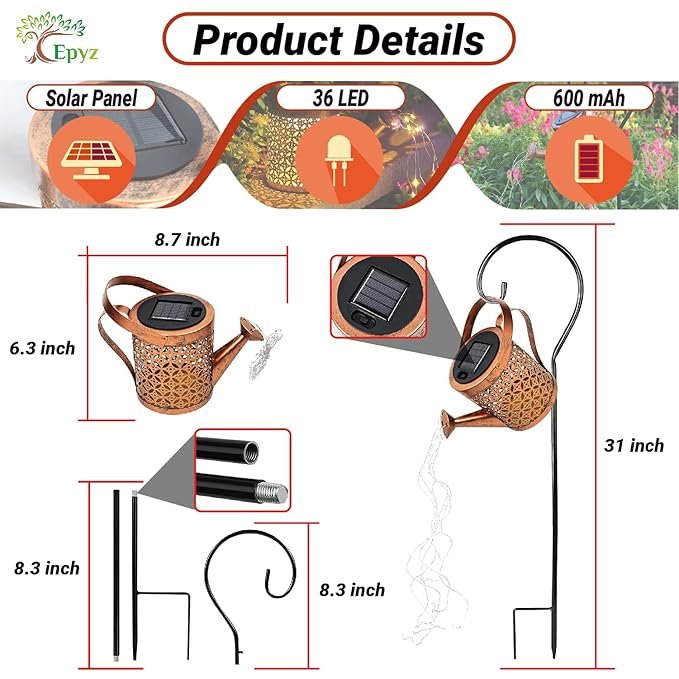 Solar Watering Can Lights ? Decorative LED Garden Light with Waterfall Fairy String Lights | Waterproof Outdoor Solar Lamp for Yard, Patio, Balcony & Lawn Decor