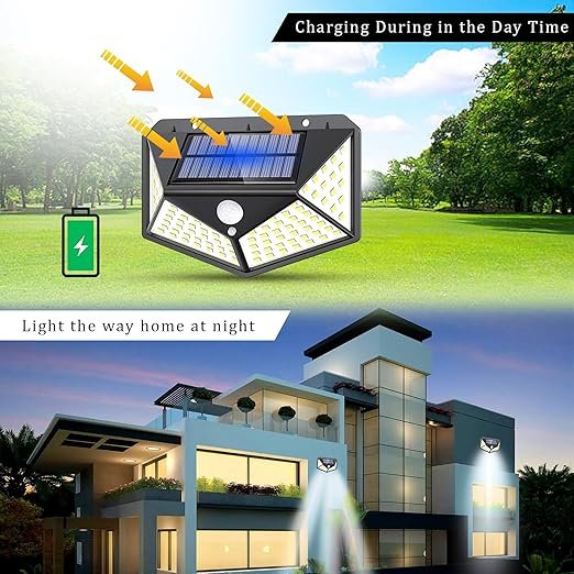 100 LED Motion Sensor Solar Light ? Ultra Bright Outdoor Security Light | Waterproof Solar Wall Lamp with Auto On/Off for Garden, Garage, Yard, Fence & Pathway (Pack of 1/2/4)
